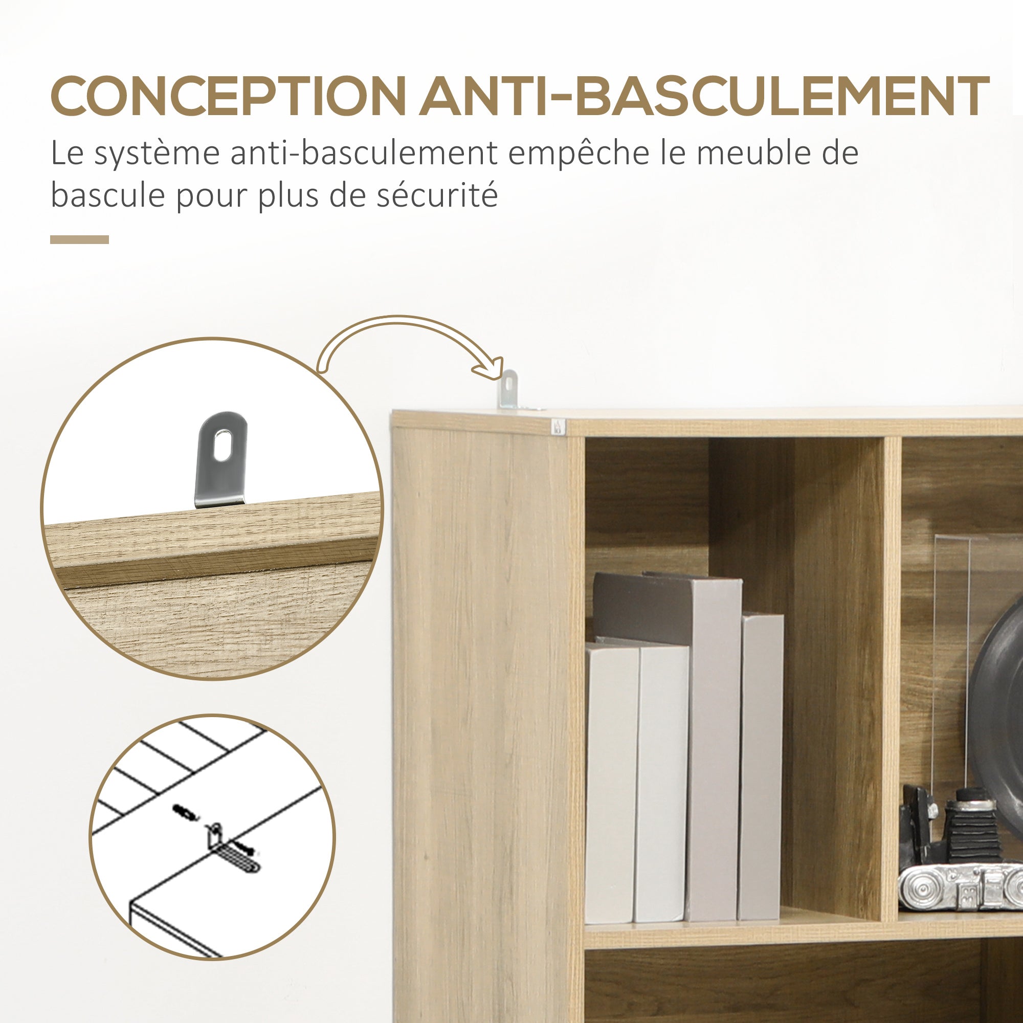 Bookcase Shelf Storage Cabinet Modern Design with 2 Doors and 6 Shelves -dim. 80L x 35W x 180H cm Natural Wood and Dark Grey appearance