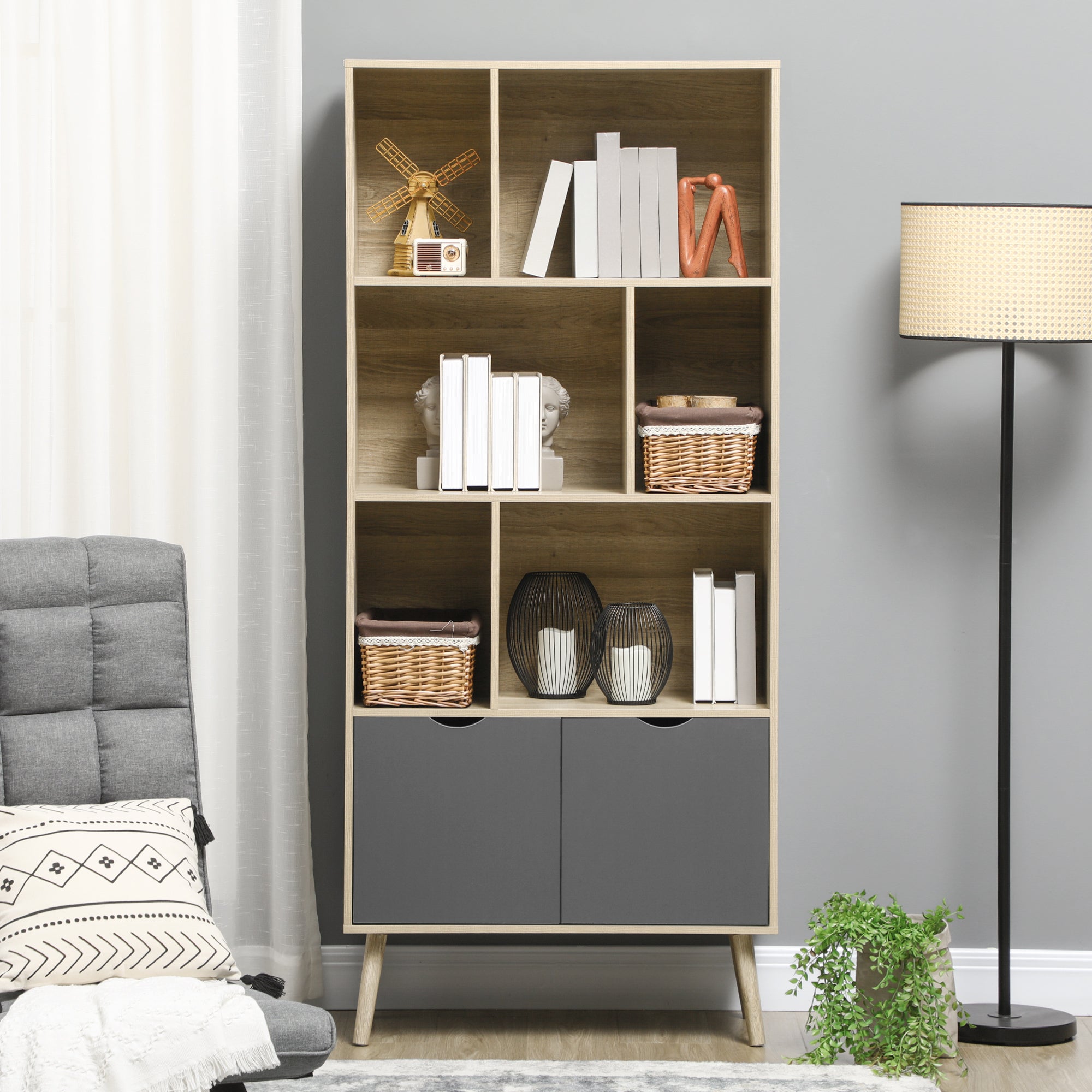 Bookcase Shelf Storage Cabinet Modern Design with 2 Doors and 6 Shelves -dim. 80L x 35W x 180H cm Natural Wood and Dark Grey appearance