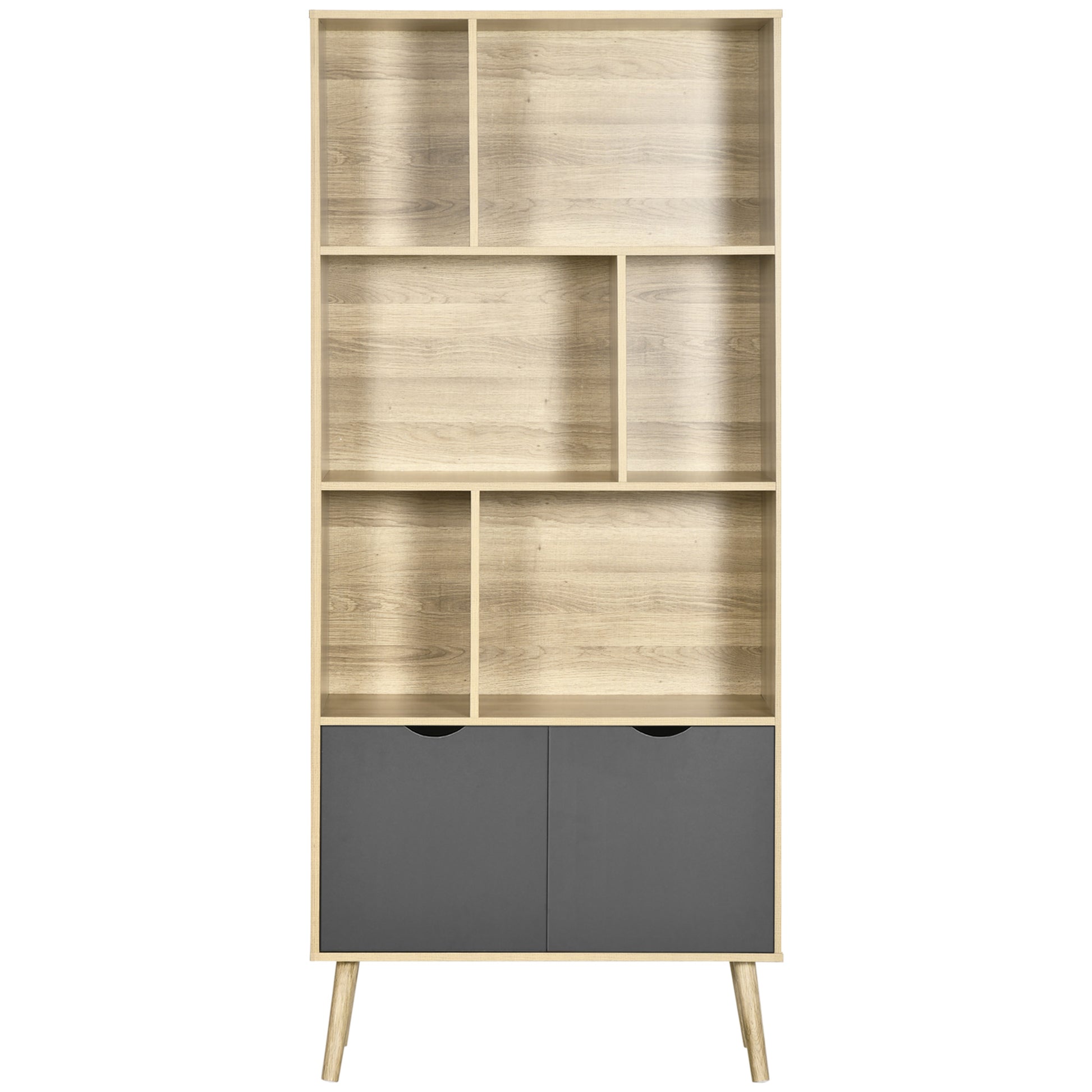Bookcase Shelf Storage Cabinet Modern Design with 2 Doors and 6 Shelves -dim. 80L x 35W x 180H cm Natural Wood and Dark Grey appearance