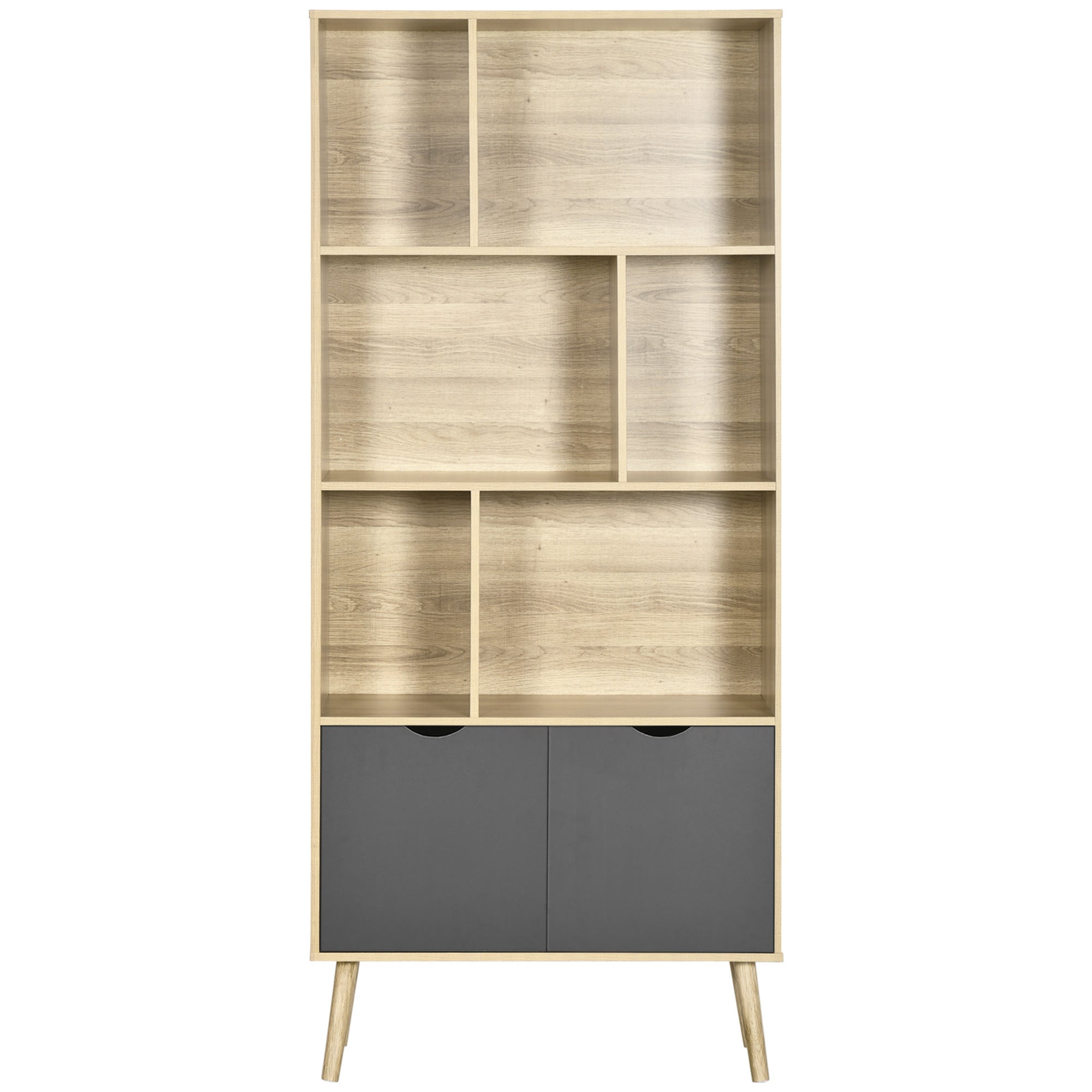 Bookcase Shelf Storage Cabinet Modern Design with 2 Doors and 6 Shelves -dim. 80L x 35W x 180H cm Natural Wood and Dark Grey appearance