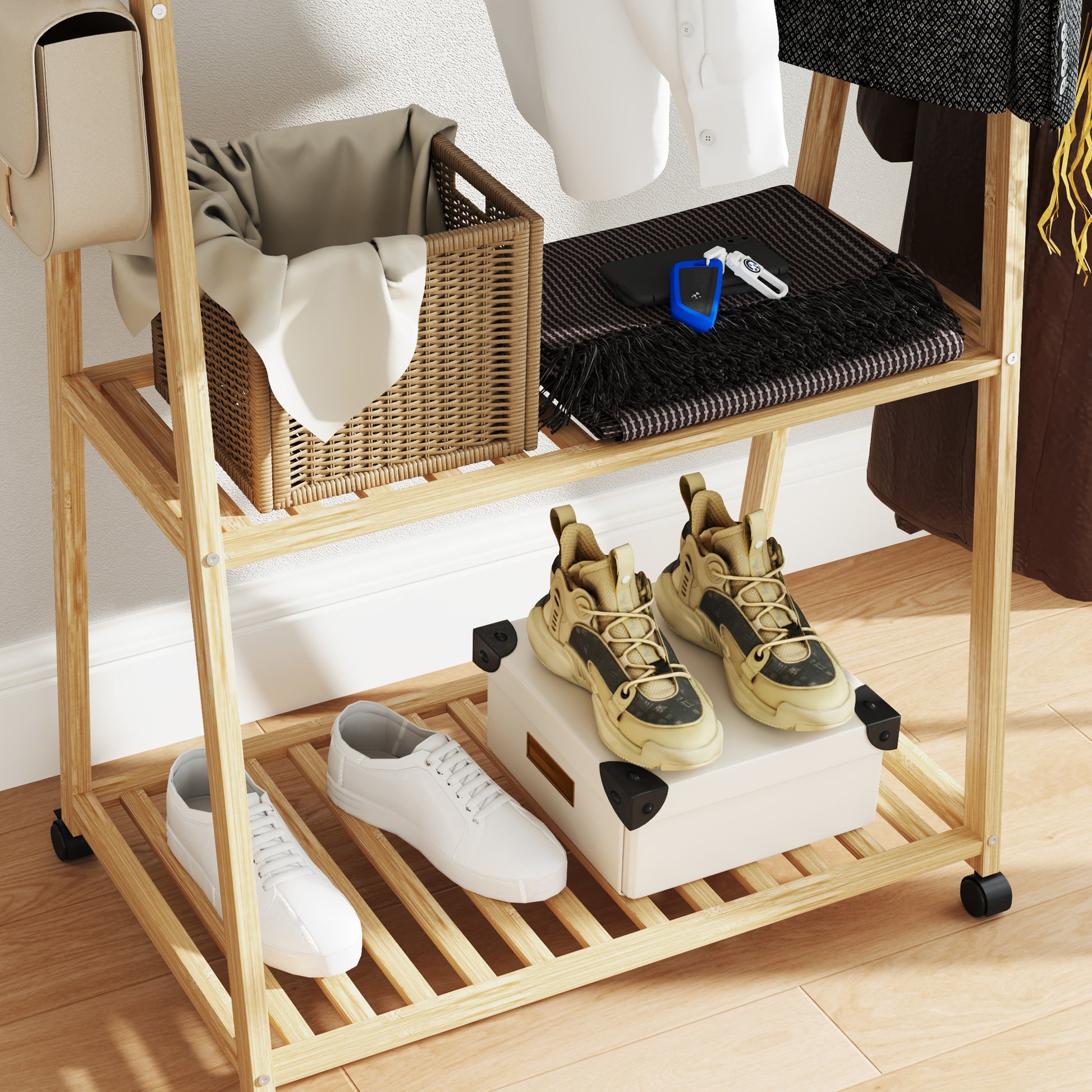 Bamboo Garment Rack Clothes Rack with Wheels 2 Open Shelves and 2 Hooks Garment Rack for Entryway Hallway Bedroom 84.5x43.5x158 cm Natural