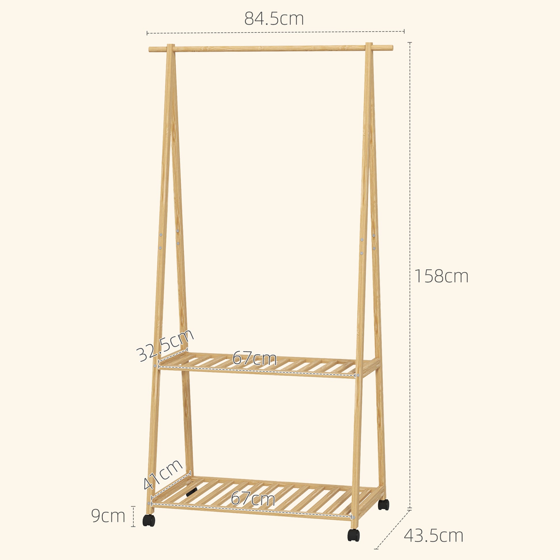 Bamboo Garment Rack Clothes Rack with Wheels 2 Open Shelves and 2 Hooks Garment Rack for Entryway Hallway Bedroom 84.5x43.5x158 cm Natural