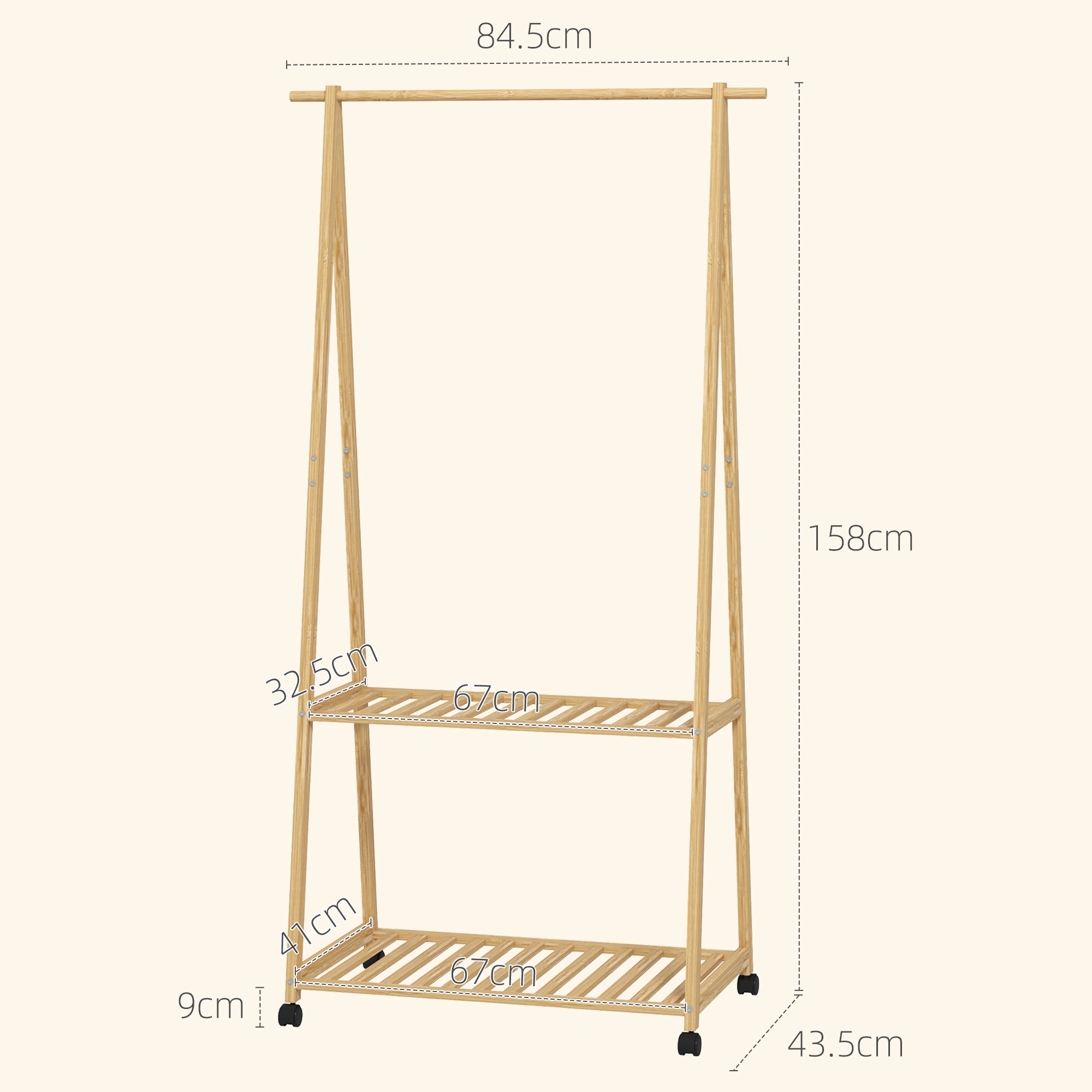 Bamboo Garment Rack Clothes Rack with Wheels 2 Open Shelves and 2 Hooks Garment Rack for Entryway Hallway Bedroom 84.5x43.5x158 cm Natural