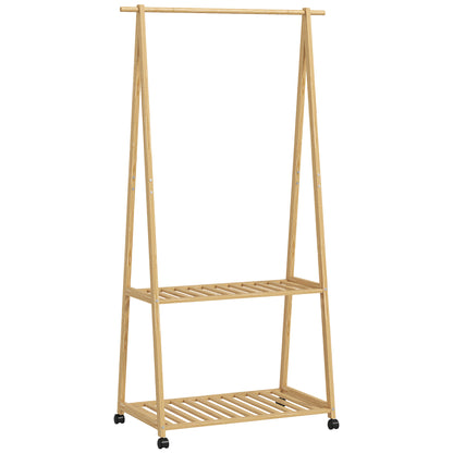 Bamboo Garment Rack Clothes Rack with Wheels 2 Open Shelves and 2 Hooks Garment Rack for Entryway Hallway Bedroom 84.5x43.5x158 cm Natural