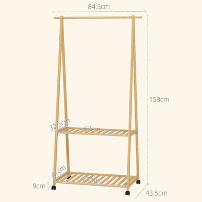 Bamboo Garment Rack Clothes Rack with Wheels 2 Open Shelves and 2 Hooks Garment Rack for Entryway Hallway Bedroom 84.5x43.5x158 cm Natural