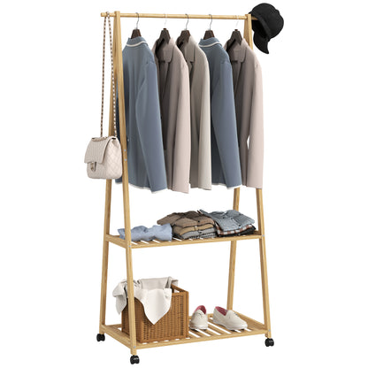 Bamboo Garment Rack Clothes Rack with Wheels 2 Open Shelves and 2 Hooks Garment Rack for Entryway Hallway Bedroom 84.5x43.5x158 cm Natural