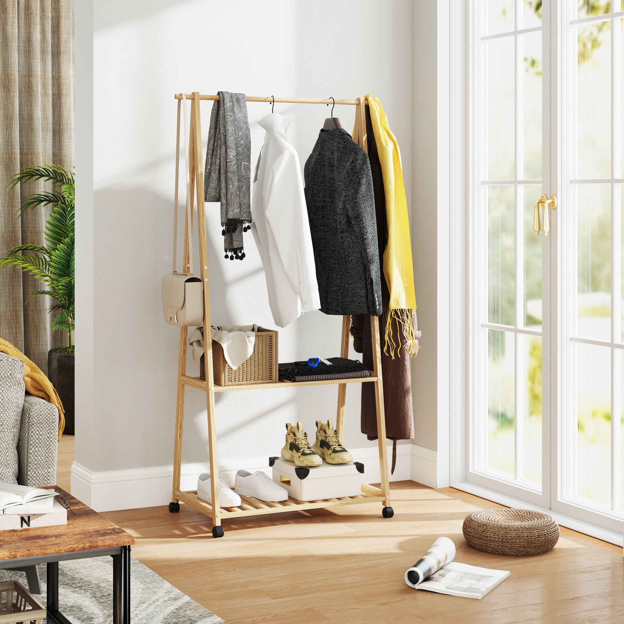 Bamboo Garment Rack Clothes Rack with Wheels 2 Open Shelves and 2 Hooks Garment Rack for Entryway Hallway Bedroom 84.5x43.5x158 cm Natural
