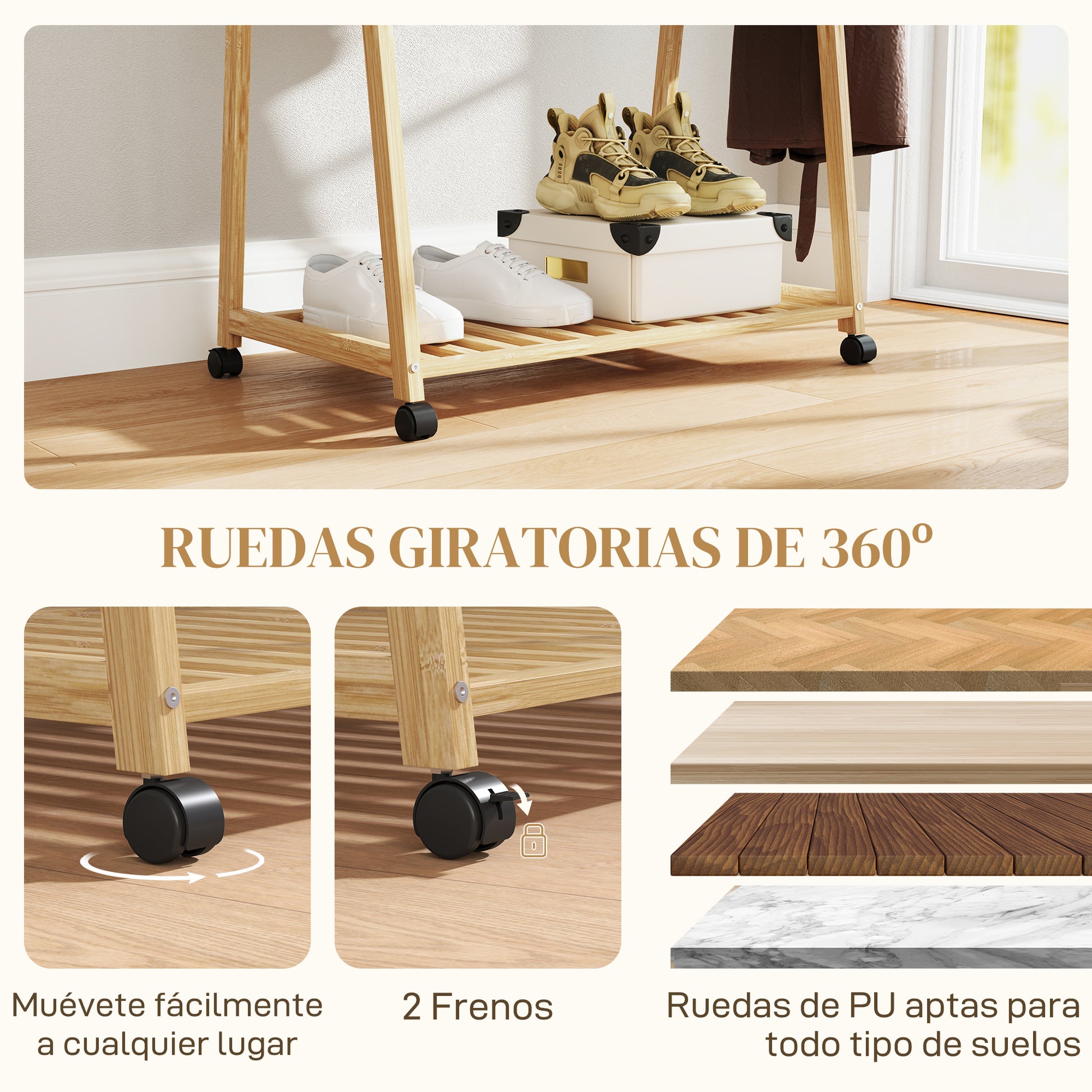 Bamboo Garment Rack Clothes Rack with Wheels 2 Open Shelves and 2 Hooks Garment Rack for Entryway Hallway Bedroom 84.5x43.5x158 cm Natural