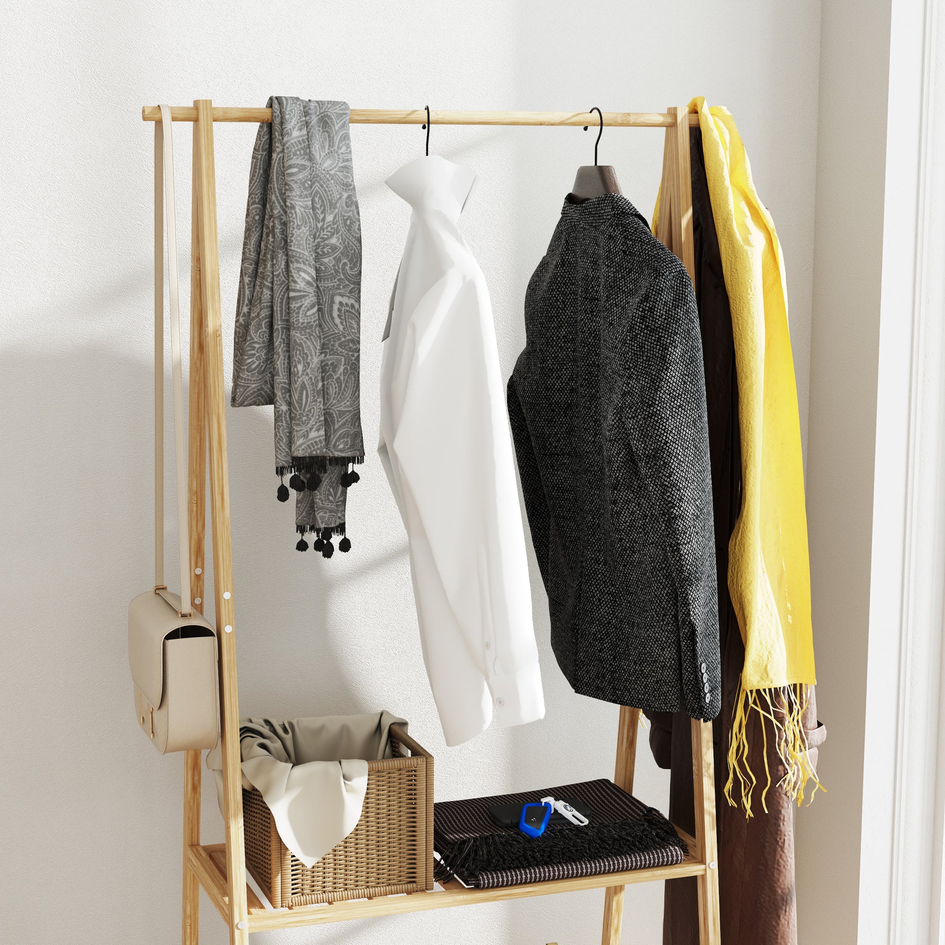 Bamboo Garment Rack Clothes Rack with Wheels 2 Open Shelves and 2 Hooks Garment Rack for Entryway Hallway Bedroom 84.5x43.5x158 cm Natural