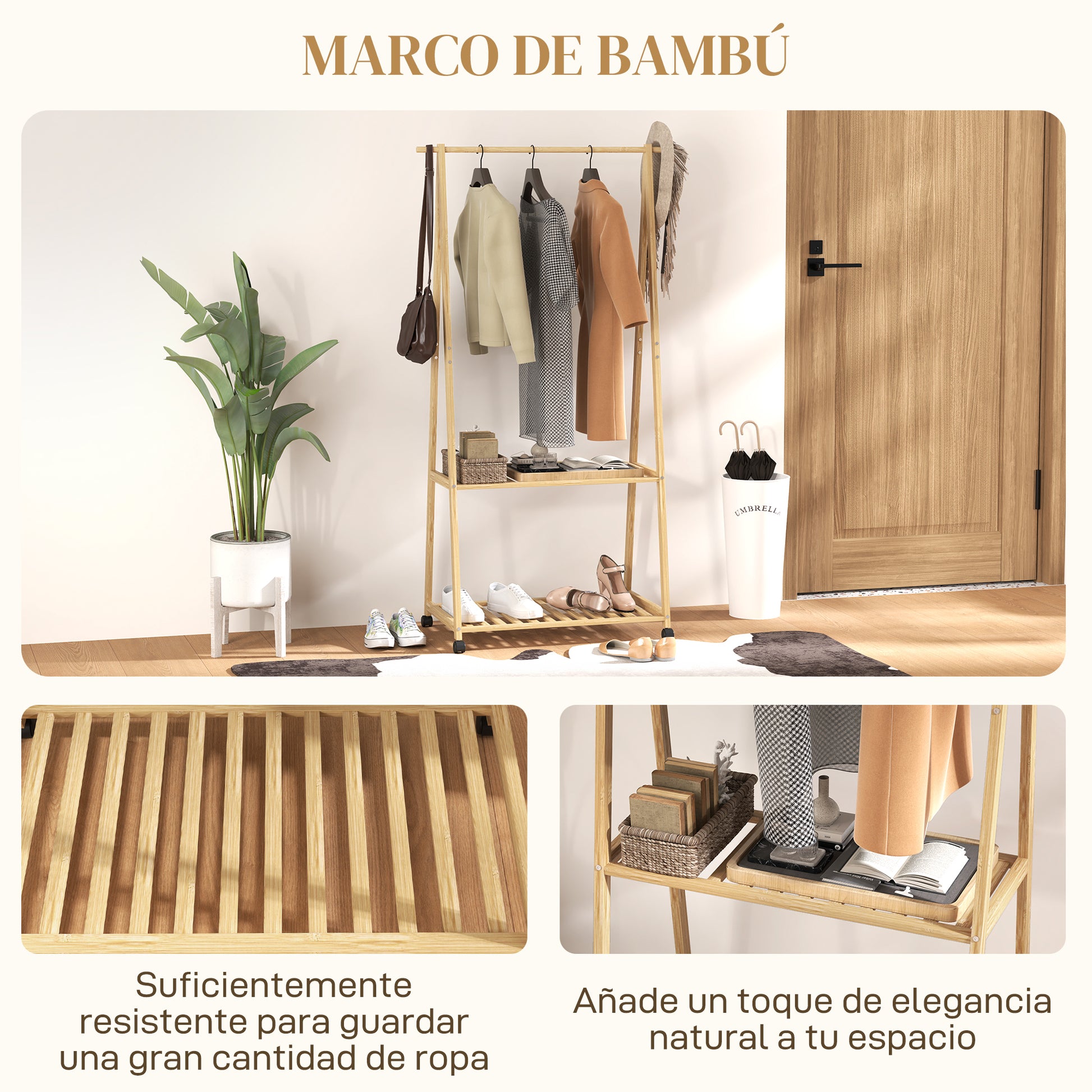 Bamboo Garment Rack Clothes Rack with Wheels 2 Open Shelves and 2 Hooks Garment Rack for Entryway Hallway Bedroom 84.5x43.5x158 cm Natural