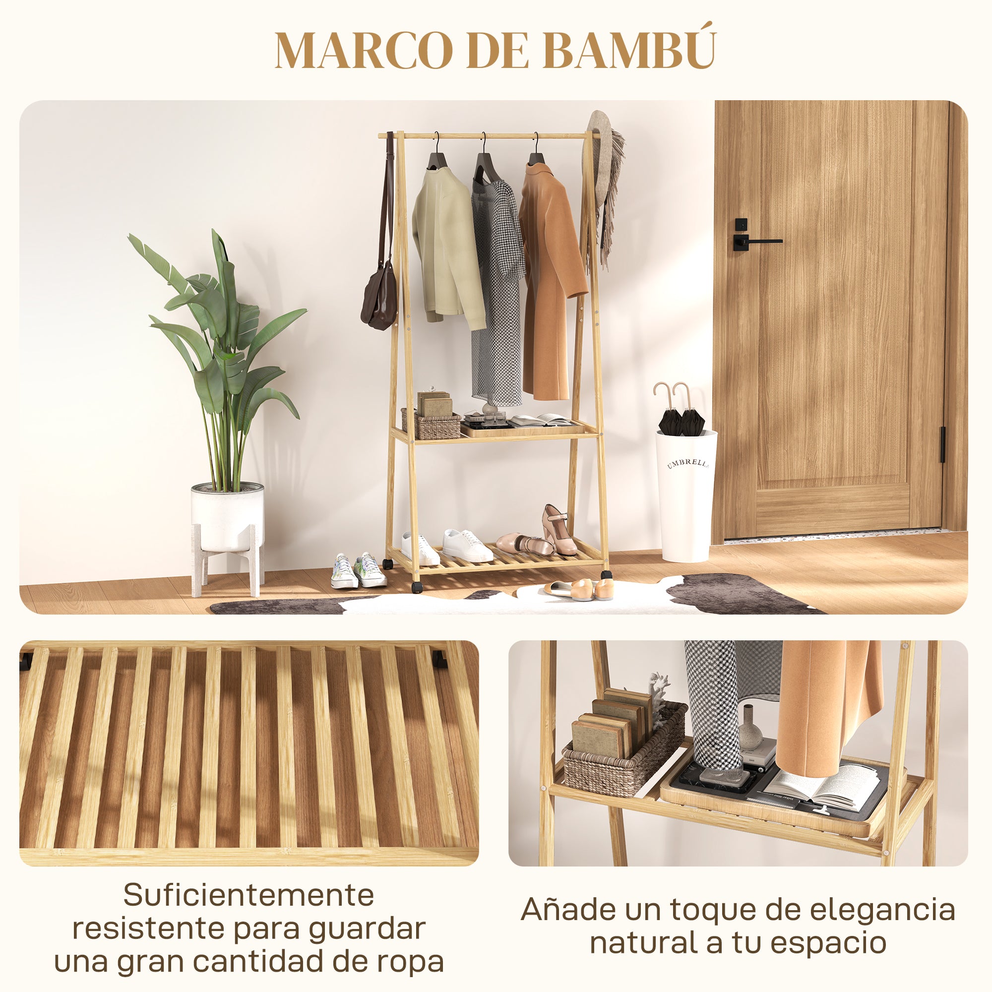 Bamboo Garment Rack Clothes Rack with Wheels 2 Open Shelves and 2 Hooks Garment Rack for Entryway Hallway Bedroom 84.5x43.5x158 cm Natural