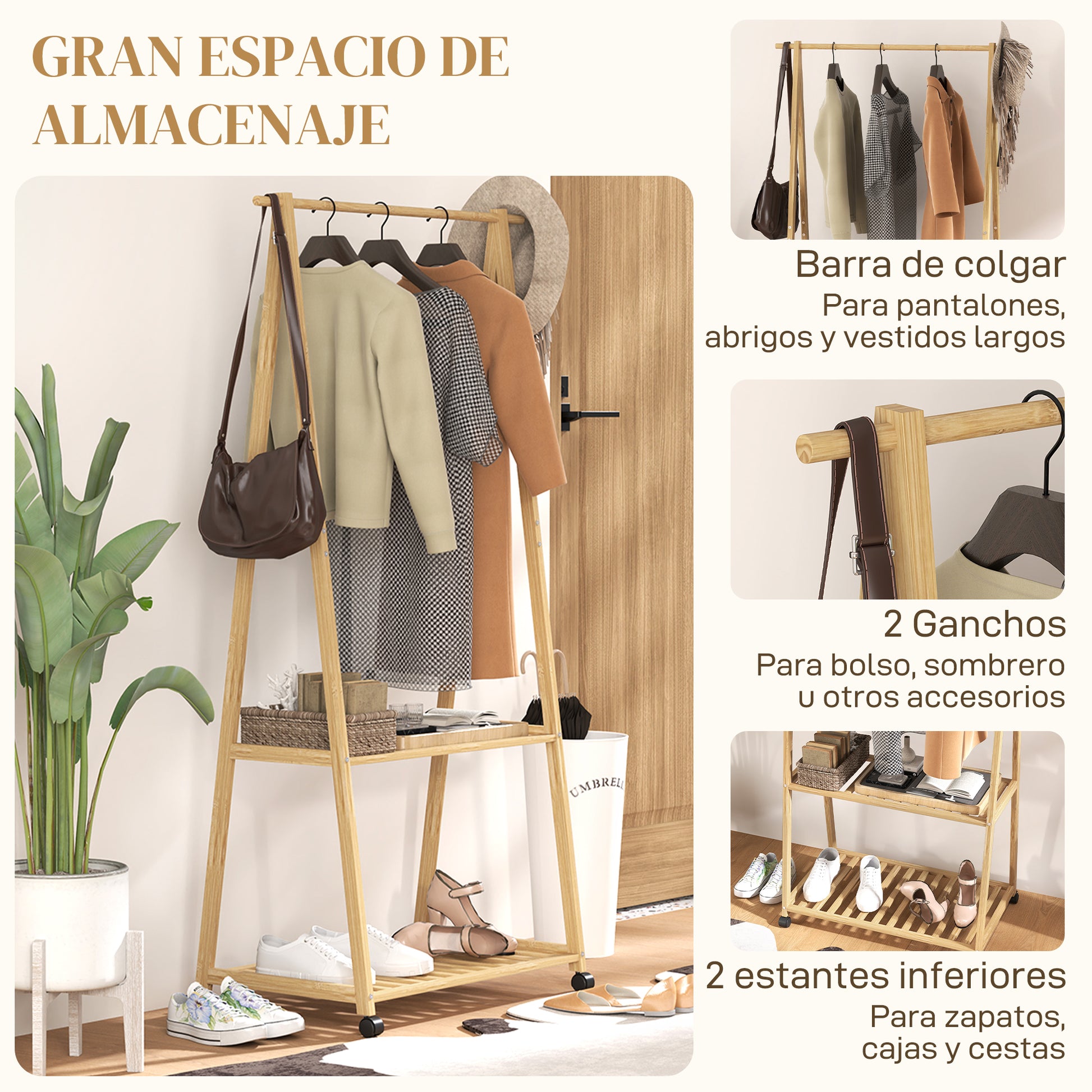 Bamboo Garment Rack Clothes Rack with Wheels 2 Open Shelves and 2 Hooks Garment Rack for Entryway Hallway Bedroom 84.5x43.5x158 cm Natural