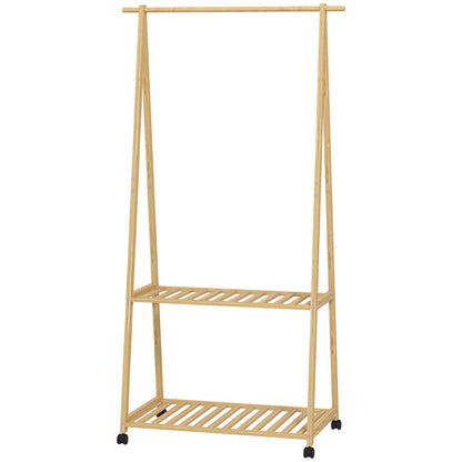 Bamboo Garment Rack Clothes Rack with Wheels 2 Open Shelves and 2 Hooks Garment Rack for Entryway Hallway Bedroom 84.5x43.5x158 cm Natural