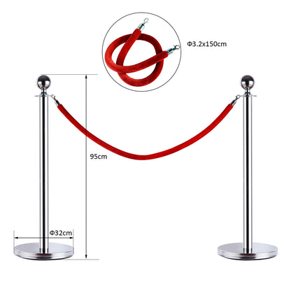 Queue Barrier Queue Separation Posts with Red Velvet Ropes Stainless Steel Φ32 x 95CM Silver