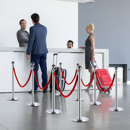 Queue Barrier Queue Separation Posts with Red Velvet Ropes Stainless Steel Φ32 x 95CM Silver