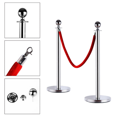 Queue Barrier Queue Separation Posts with Red Velvet Ropes Stainless Steel Φ32 x 95CM Silver