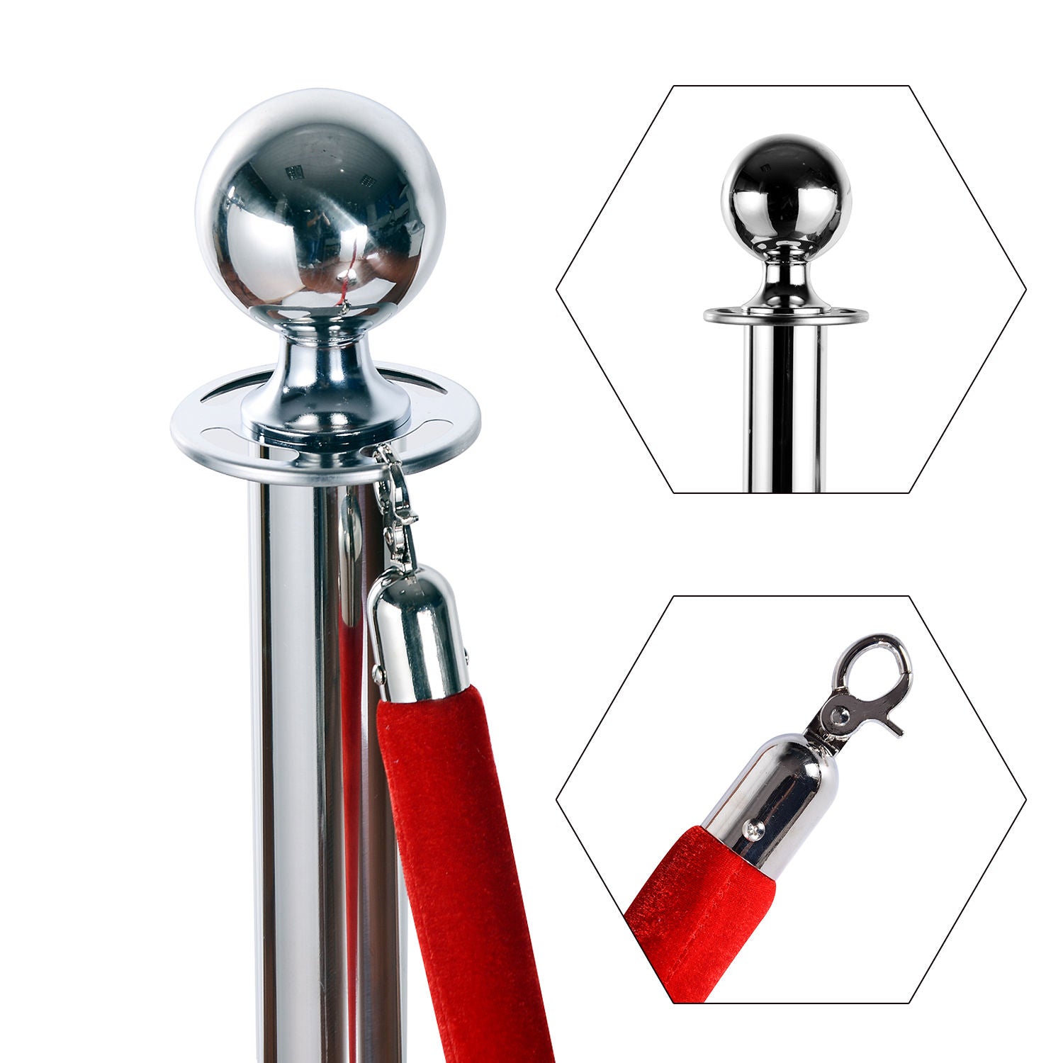 Queue Barrier Queue Separation Posts with Red Velvet Ropes Stainless Steel Φ32 x 95CM Silver