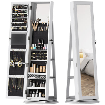 360° Rotating Jewelry Mirror Cabinet, Jewelry Cabinet with Key Lock, Full-Length Mirror with 3 Shelves on the Back and 2 Drawers, 55x55x161 cm, White