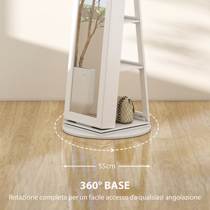 360° Rotating Jewelry Mirror Cabinet, Jewelry Cabinet with Key Lock, Full-Length Mirror with 3 Shelves on the Back and 2 Drawers, 55x55x161 cm, White