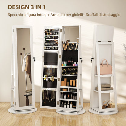 360° Rotating Jewelry Mirror Cabinet, Jewelry Cabinet with Key Lock, Full-Length Mirror with 3 Shelves on the Back and 2 Drawers, 55x55x161 cm, White