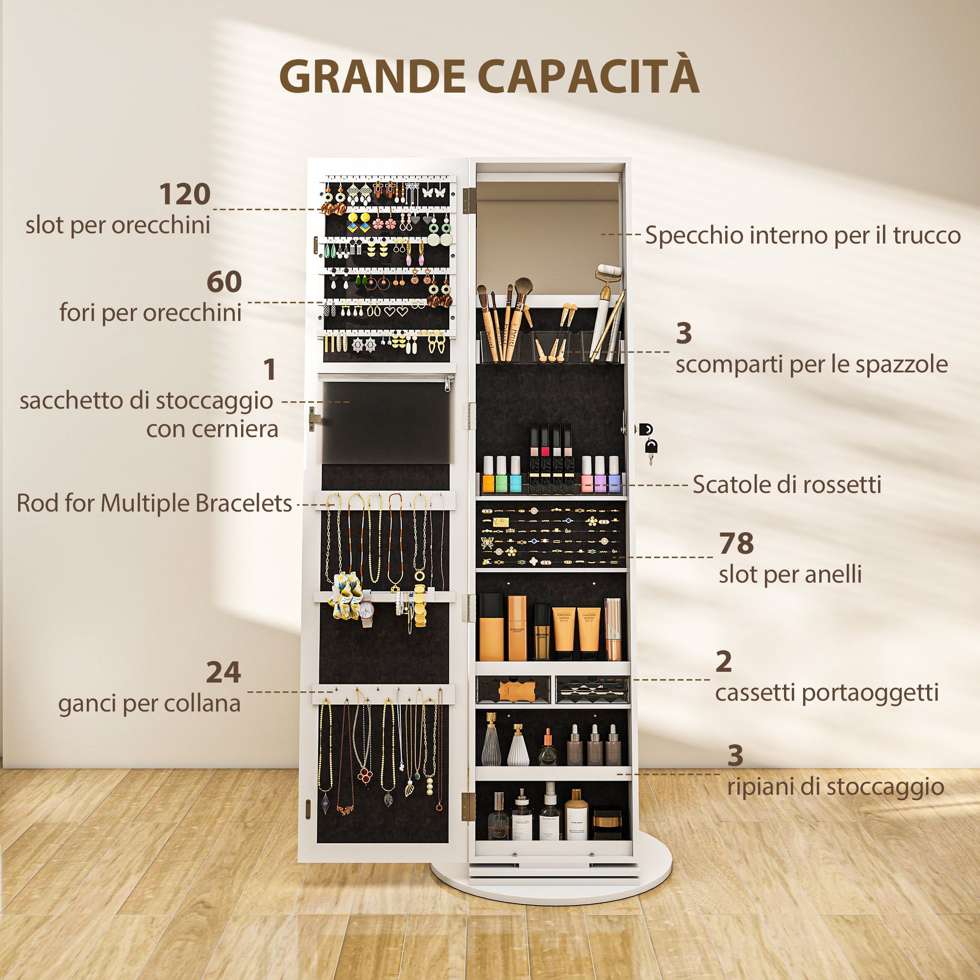 360° Rotating Jewelry Mirror Cabinet, Jewelry Cabinet with Key Lock, Full-Length Mirror with 3 Shelves on the Back and 2 Drawers, 55x55x161 cm, White
