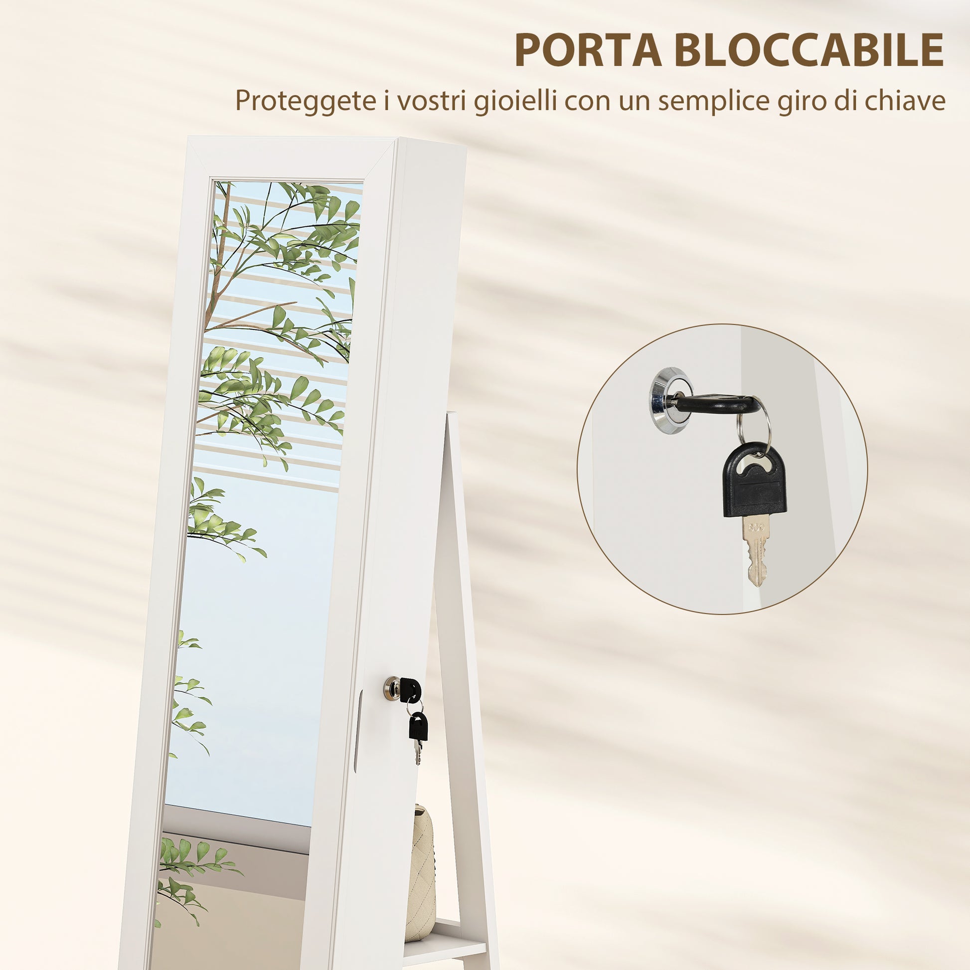 360° Rotating Jewelry Mirror Cabinet, Jewelry Cabinet with Key Lock, Full-Length Mirror with 3 Shelves on the Back and 2 Drawers, 55x55x161 cm, White