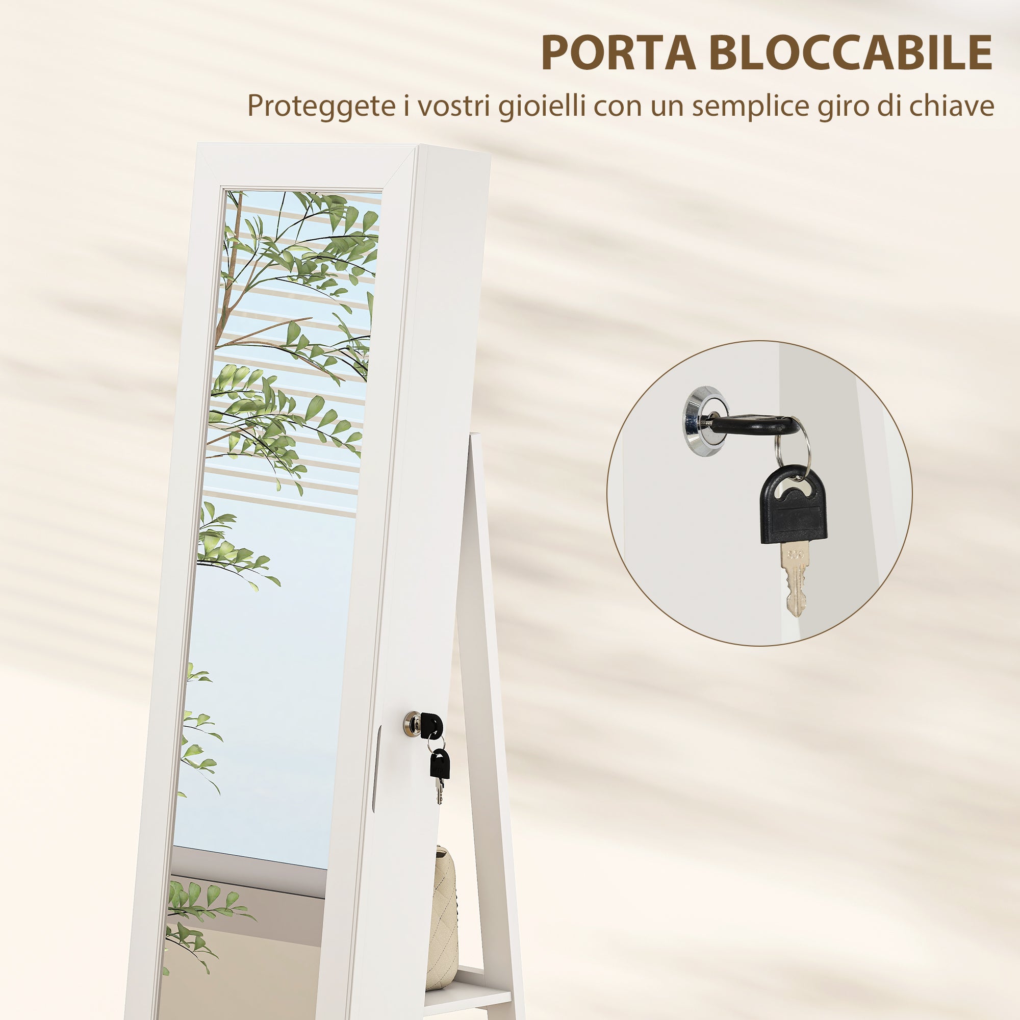 360° Rotating Jewelry Mirror Cabinet, Jewelry Cabinet with Key Lock, Full-Length Mirror with 3 Shelves on the Back and 2 Drawers, 55x55x161 cm, White