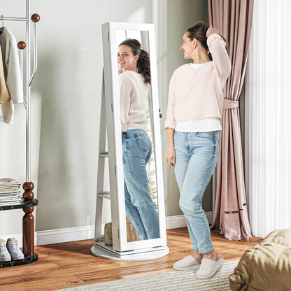 360° Rotating Jewelry Mirror Cabinet, Jewelry Cabinet with Key Lock, Full-Length Mirror with 3 Shelves on the Back and 2 Drawers, 55x55x161 cm, White