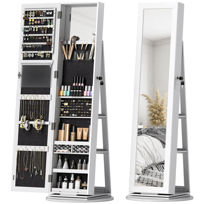 360° Rotating Jewelry Mirror Cabinet, Jewelry Cabinet with Key Lock, Full-Length Mirror with 3 Shelves on the Back and 2 Drawers, 55x55x161 cm, White