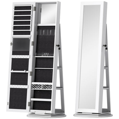 360° Rotating Jewelry Mirror Cabinet, Jewelry Cabinet with Key Lock, Full-Length Mirror with 3 Shelves on the Back and 2 Drawers, 55x55x161 cm, White