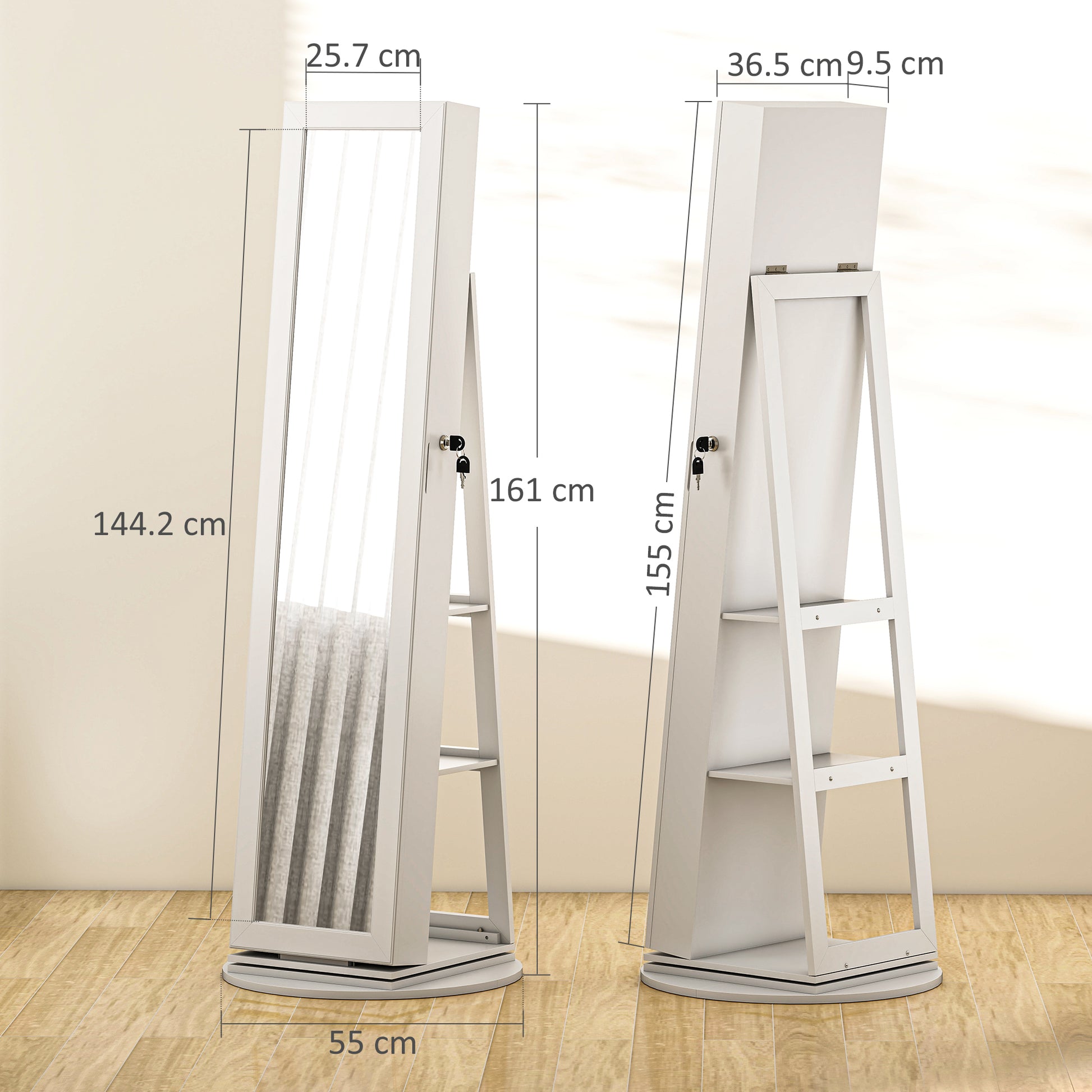 360° Rotating Jewelry Mirror Cabinet, Jewelry Cabinet with Key Lock, Full-Length Mirror with 3 Shelves on the Back and 2 Drawers, 55x55x161 cm, White