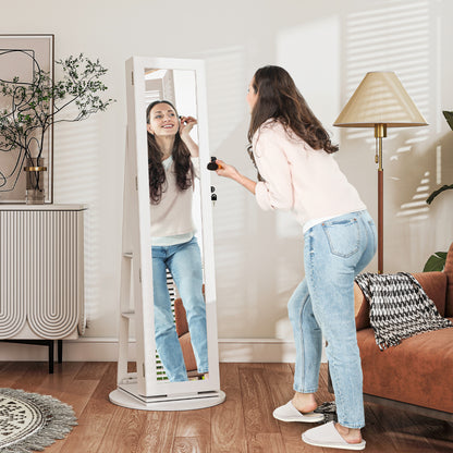 360° Rotating Jewelry Mirror Cabinet, Jewelry Cabinet with Key Lock, Full-Length Mirror with 3 Shelves on the Back and 2 Drawers, 55x55x161 cm, White