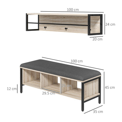2-in-1 Entryway Furniture Set Shoe Bench with 3 Cubbies and Wall Coat Rack 3 Hooks and Bar - Padded Cushion - Natural and Black