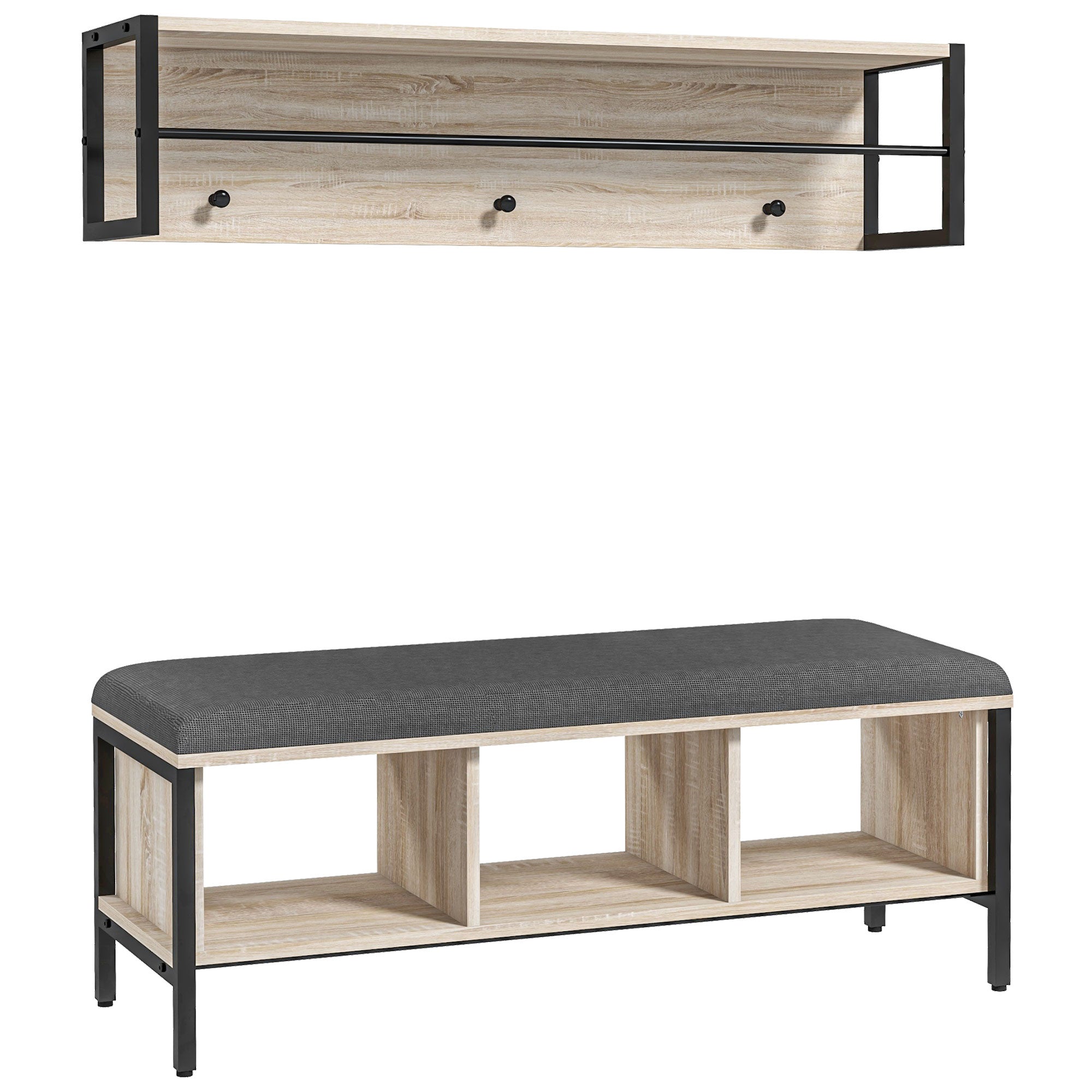 2-in-1 Entryway Furniture Set Shoe Bench with 3 Cubbies and Wall Coat Rack 3 Hooks and Bar - Padded Cushion - Natural and Black