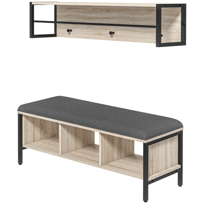 2-in-1 Entryway Furniture Set Shoe Bench with 3 Cubbies and Wall Coat Rack 3 Hooks and Bar - Padded Cushion - Natural and Black