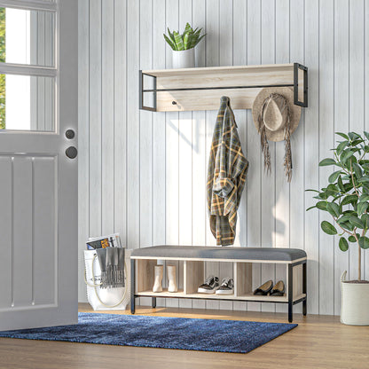 2-in-1 Entryway Furniture Set Shoe Bench with 3 Cubbies and Wall Coat Rack 3 Hooks and Bar - Padded Cushion - Natural and Black