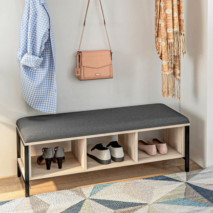 2-in-1 Entryway Furniture Set Shoe Bench with 3 Cubbies and Wall Coat Rack 3 Hooks and Bar - Padded Cushion - Natural and Black