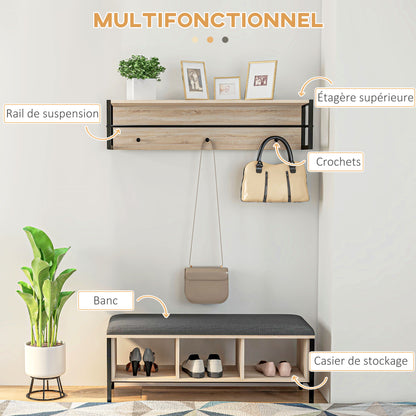 2-in-1 Entryway Furniture Set Shoe Bench with 3 Cubbies and Wall Coat Rack 3 Hooks and Bar - Padded Cushion - Natural and Black