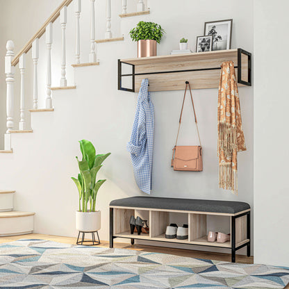 2-in-1 Entryway Furniture Set Shoe Bench with 3 Cubbies and Wall Coat Rack 3 Hooks and Bar - Padded Cushion - Natural and Black