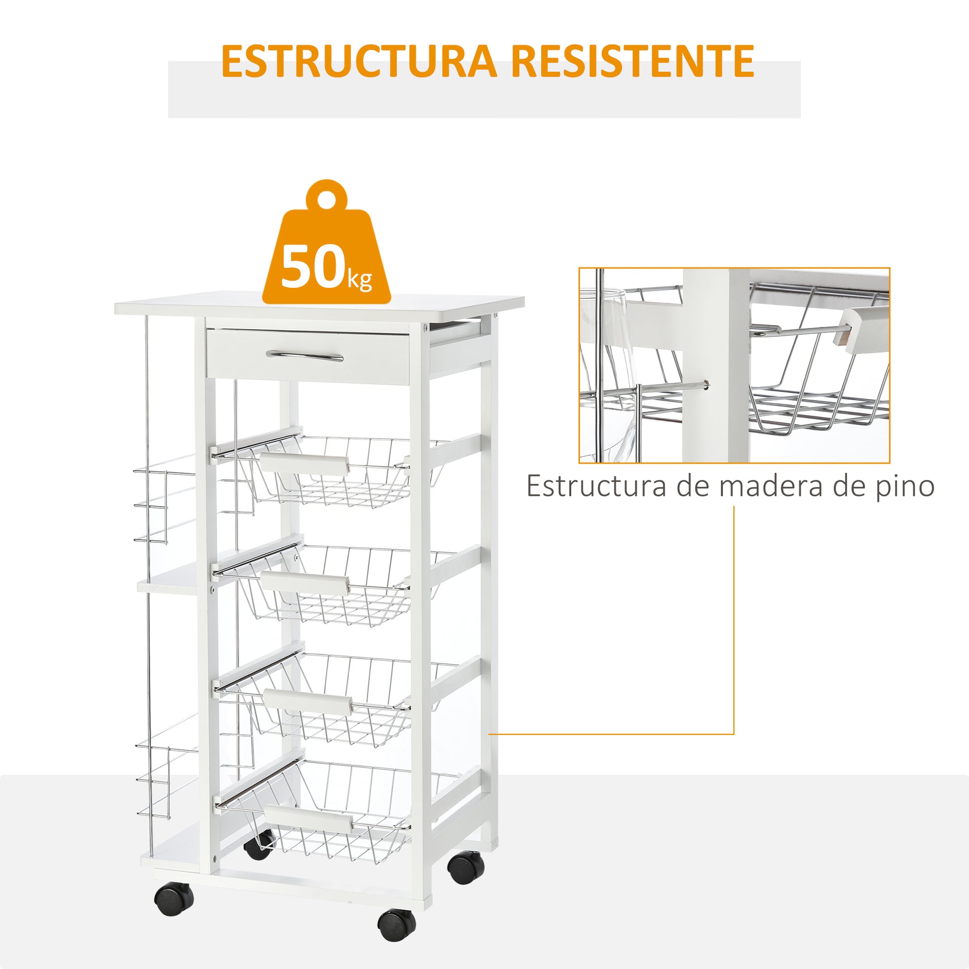 Kitchen Trolley with Wheels Multi-Purpose Cart with Drawer 4 Removable Metal Baskets and Side Racks 47x37x83 cm White