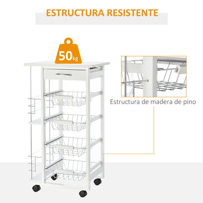 Kitchen Trolley with Wheels Multi-Purpose Cart with Drawer 4 Removable Metal Baskets and Side Racks 47x37x83 cm White