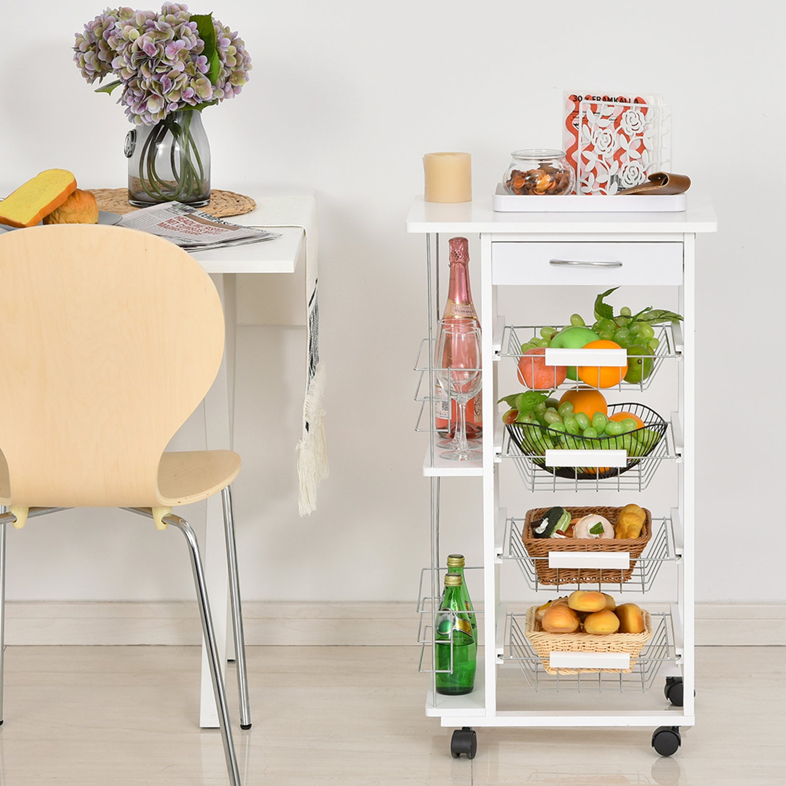 Kitchen Trolley with Wheels Multi-Purpose Cart with Drawer 4 Removable Metal Baskets and Side Racks 47x37x83 cm White