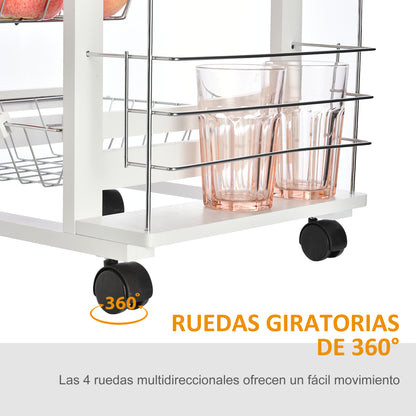Kitchen Trolley with Wheels Multi-Purpose Cart with Drawer 4 Removable Metal Baskets and Side Racks 47x37x83 cm White