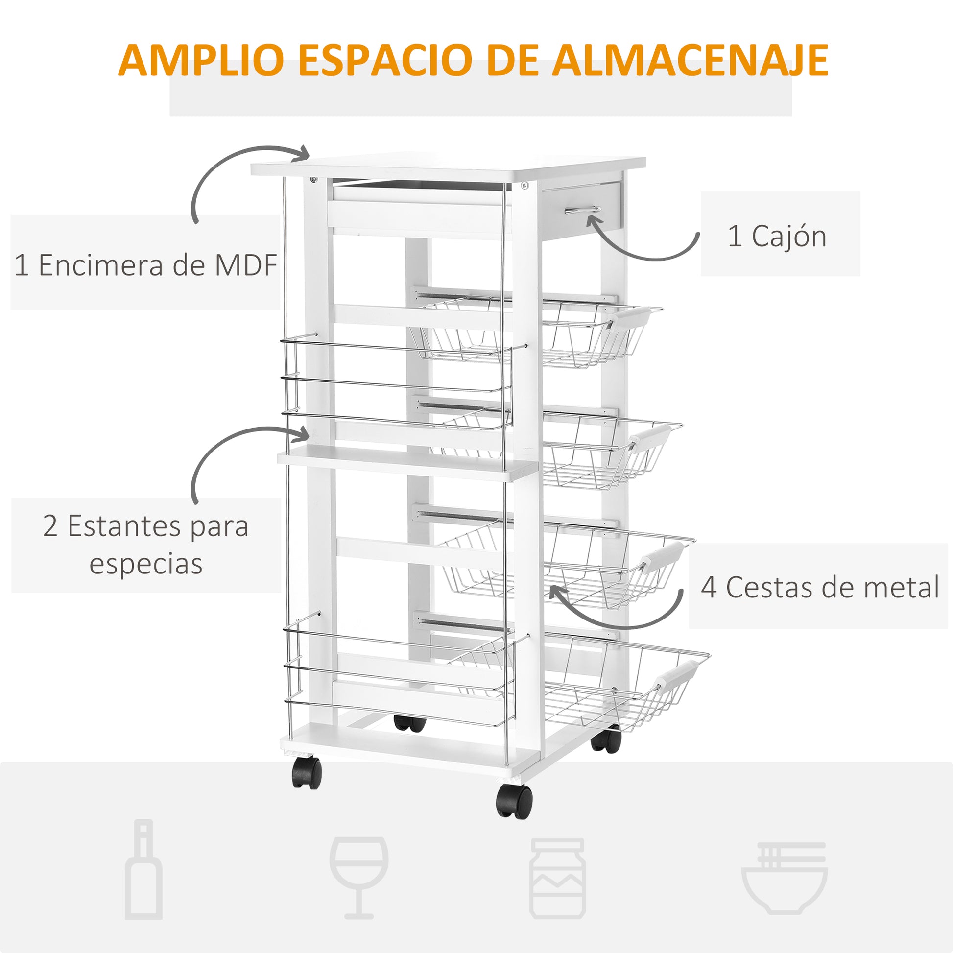 Kitchen Trolley with Wheels Multi-Purpose Cart with Drawer 4 Removable Metal Baskets and Side Racks 47x37x83 cm White