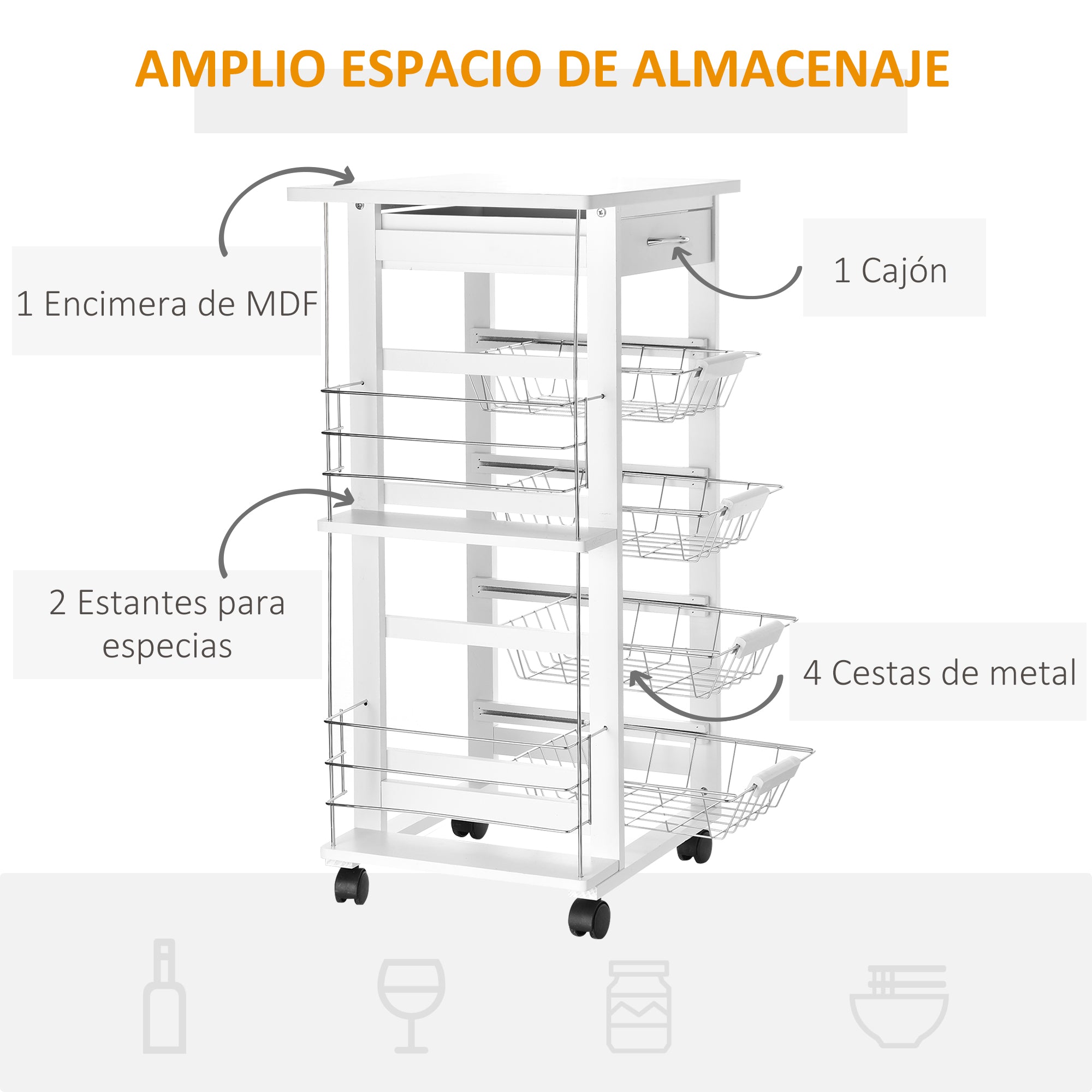Kitchen Trolley with Wheels Multi-Purpose Cart with Drawer 4 Removable Metal Baskets and Side Racks 47x37x83 cm White