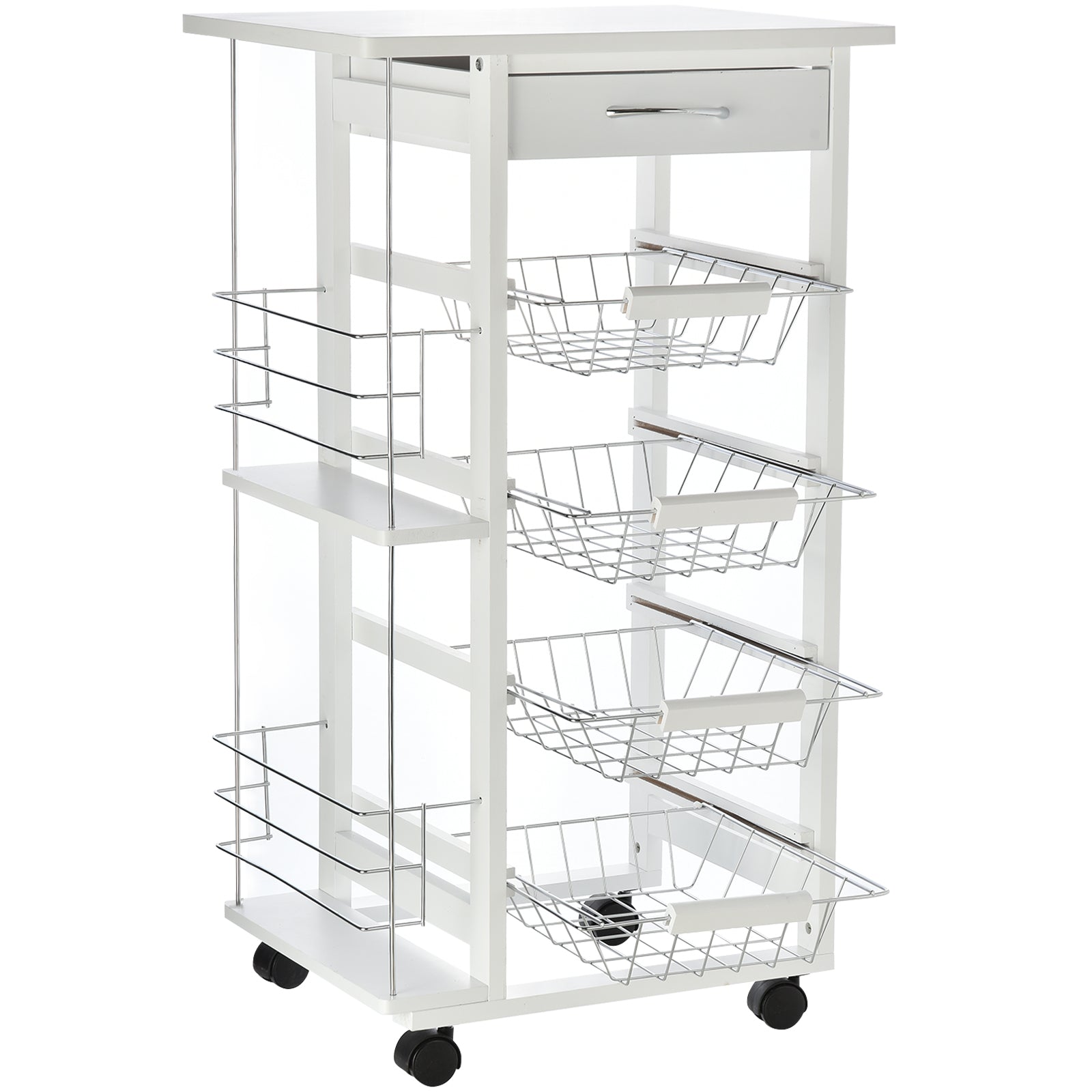 Kitchen Trolley with Wheels Multi-Purpose Cart with Drawer 4 Removable Metal Baskets and Side Racks 47x37x83 cm White