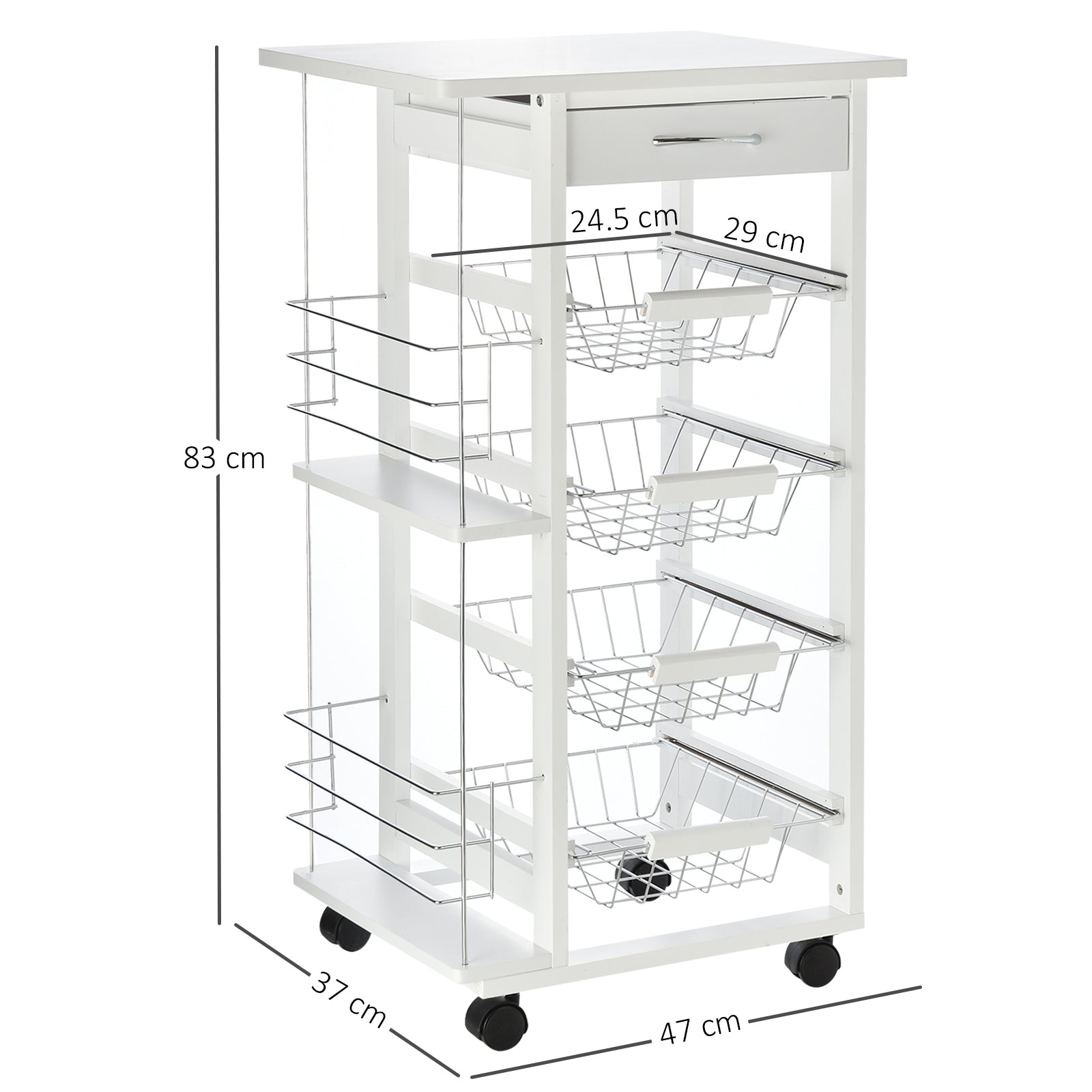 Kitchen Trolley with Wheels Multi-Purpose Cart with Drawer 4 Removable Metal Baskets and Side Racks 47x37x83 cm White