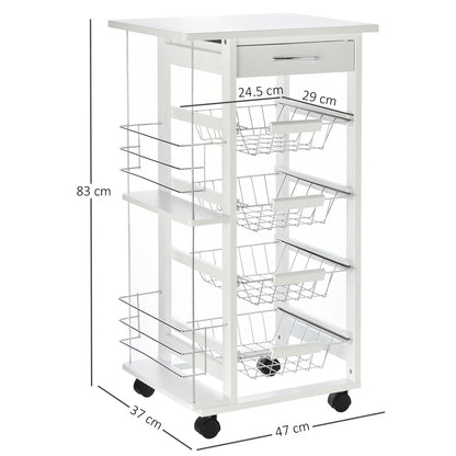 Kitchen Trolley with Wheels Multi-Purpose Cart with Drawer 4 Removable Metal Baskets and Side Racks 47x37x83 cm White
