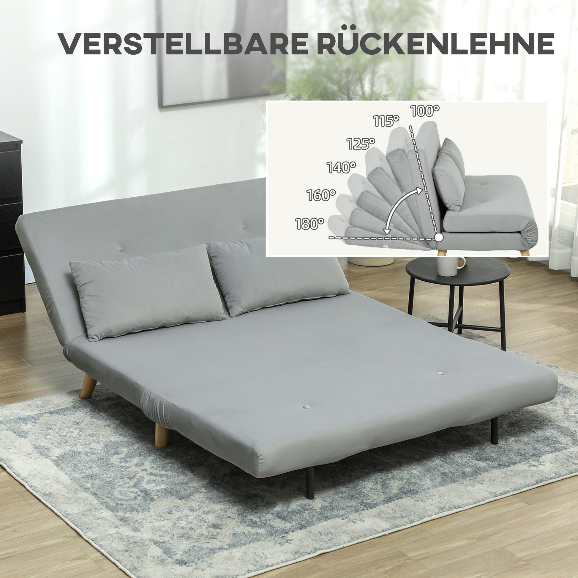 3 in 1 Sleeper Sofa 130 x 78 cm Sofa with Bed Function, Foldable Couch with Lumbar Pillows, Velvet Look, Adjustable Backrest for Living Room, Bedroom, Light Gray