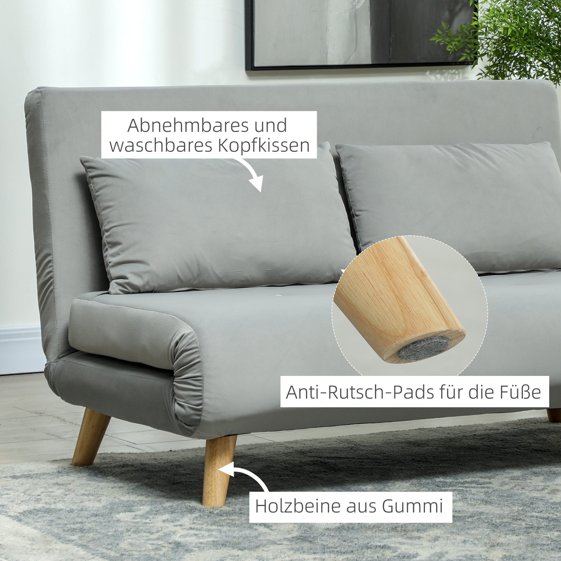 3 in 1 Sleeper Sofa 130 x 78 cm Sofa with Bed Function, Foldable Couch with Lumbar Pillows, Velvet Look, Adjustable Backrest for Living Room, Bedroom, Light Gray